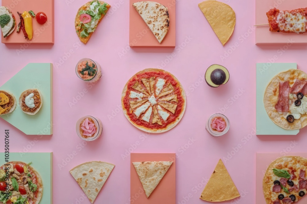 Poster a delightful assortment of tacos, pizza, and various snacks artfully arranged on colorful plates aga