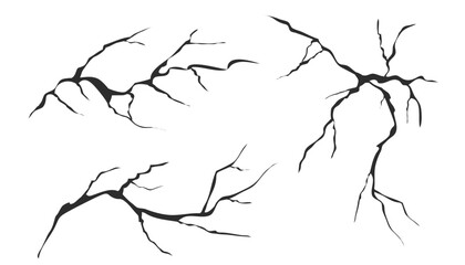 Cracked glass, wall, egg, fissures in ground top view. Set concrete, crevices from disaster, surface from earthquake, Ruined breaked land surface doodle, hand drawn