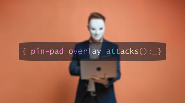 Cybersecurity concept pin-pad overlay on foreground screen, hacker silhouette hidden with low poly mask. Vulnerability and attack on colored code editor.