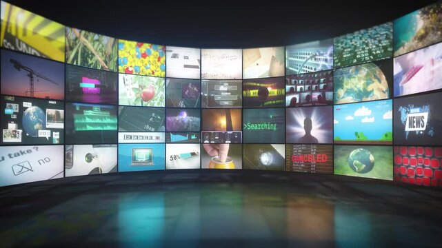 Curved screen displays multiple media feeds including technology, news, and nature imagery. The scene evokes a sense of digital information overload in a futuristic setup