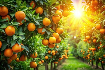 Sunlight bathes a vibrant orange orchard, with plump, ripe fruits suspended from rich green leaves, painting a beautiful picture of abundance and vitality.