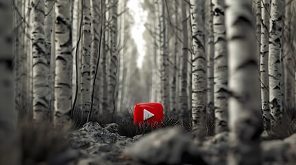 A red youtube diamond button amidst a grove of birches