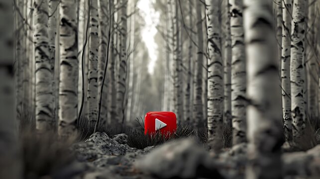 A red youtube diamond button amidst a grove of birches