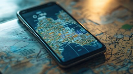 Smartphone displaying detailed map, resting on physical map