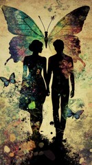 Obraz premium Silhouetted Couple Holding Hands with Vibrant Butterfly Background in Artistic Abstract Design..
