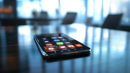 Smartphone displaying various apps on table, in modern office