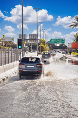Dubai. Heavy Rain and Flooded Street in UAE. Top view. vertical