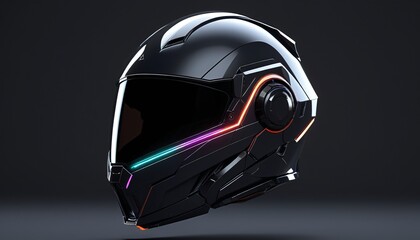 Fototapeta premium A sleek, futuristic helmet with glowing visor and angular design, suspended midair, reflecting a subtle light in the void, Generative AI