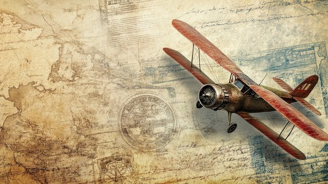 Vintage biplane flying over aged map background