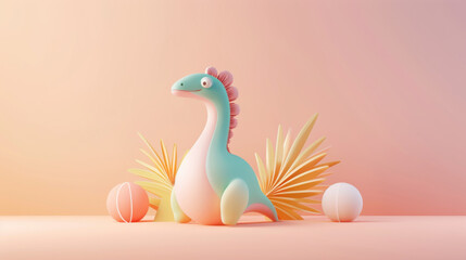 Fototapeta premium Cute Cartoon Dinosaur with Tropical Plants and Balls on a Pink B