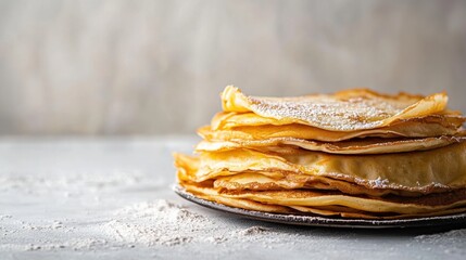 A delicious stack of golden crepes rests on a plate, lightly dusted with powdered sugar, perfect for any meal or dessert occasion. Generative AI