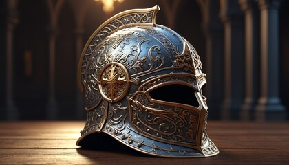 An ornate knight's helmet featuring intricate engravings and a majestic crest, reflecting the light of the battlefield, symbolizing valor, Generative AI