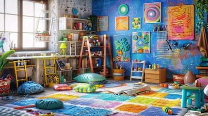 A vibrant creative studio space with colorful decor, art supplies and creative chaos