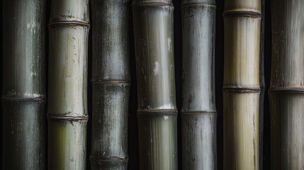 Fototapeta premium Vertical Bamboo Stalks Against Dark Background, Natural Greenish-Gray Texture Highlighted