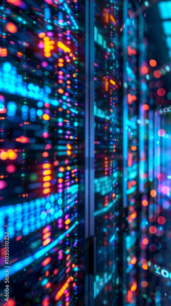 Poster vibrant data center with colorful led lights and high-tech servers in a modern technology environmen