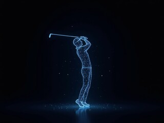 Futuristic blue hologram of golf player doing pose on dark background