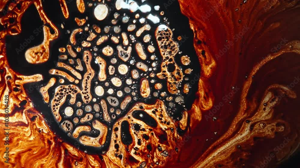 Poster swirling brown and gold liquid creating abstract patterns, captured in a macro close-up shot