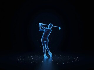 Obraz premium Futuristic blue hologram of golf player doing pose on dark background