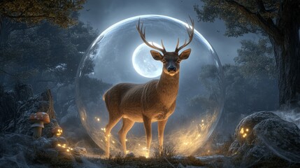 Fototapeta premium Majestic deer stands in a mystical forest under a glowing full moon, AI