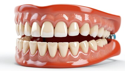 Obraz premium An orthodontic model featuring braces with delicate metal brackets attached to straightened teeth, resting on a bright white background, Generative AI