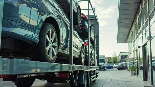 A car transporter trailer delivering new cars to a dealership, with shiny vehicles and showroom buildings in the background, Commercial setting with automotive focus