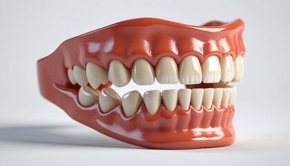 Obraz premium A detailed lower jaw model with visible gum contours and smooth tooth shapes, designed for dental analysis, floating against a clean white background, Generative AI