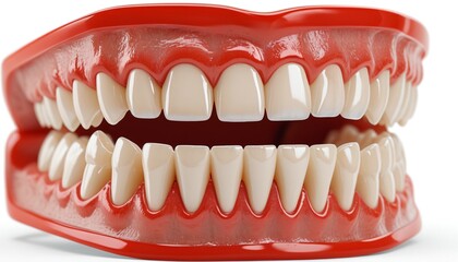 Obraz premium An orthodontic retainer model with a transparent retainer sitting atop evenly spaced teeth, displayed neatly on a white background, Generative AI