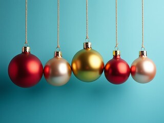 Colorful ornaments hang gracefully against a bright blue background, adding festive cheer as the holiday season approaches