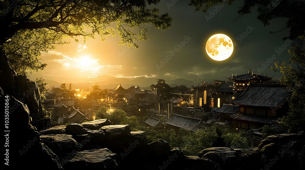 Poster A Cityscape bathed in Moonlight, a Majestic View of Roofs and Towers under a Full Moon