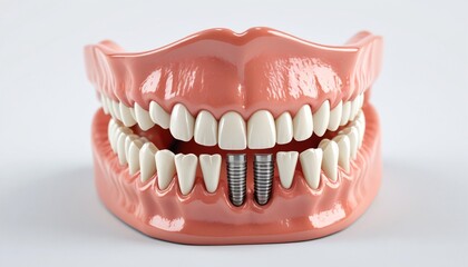 Obraz premium A model of dental implants integrated into the jawbone, with artificial teeth neatly secured on the titanium roots, against a bright white surface, Generative AI