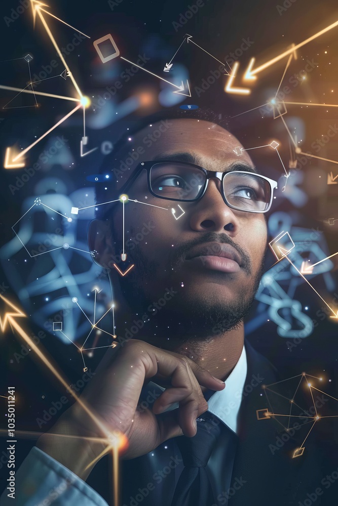 Poster futuristic technology concept with thoughtful man surrounded by digital network and data visualizati
