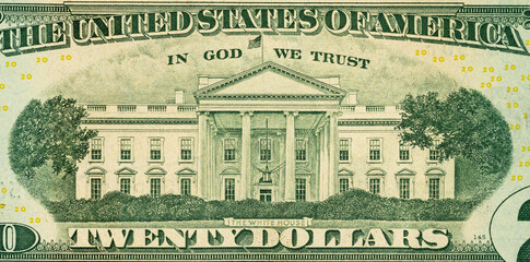Close-up of a U.S. Twenty Dollar Bill (Back Side) Featuring the White House
