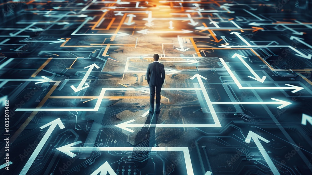 Poster businessman navigating a complex digital maze with arrows and circuit patterns representing technolo