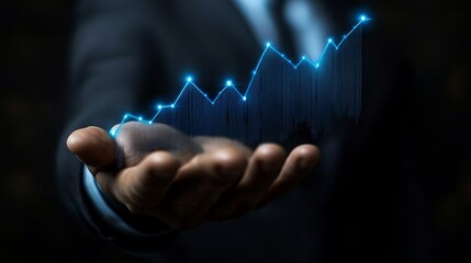 An upward trending line graph held by a businessman, representing positive business trends and progress, embodying growth, profitability, and future success.