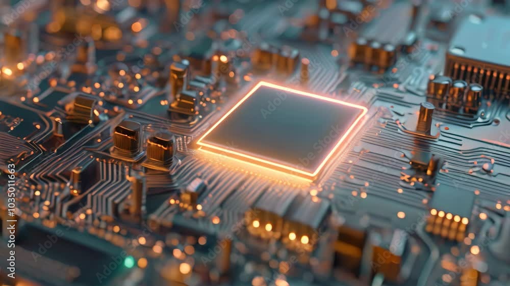 Poster close-up of a computer chip on a circuit board, the inside of a nano-fabricated computer chip
