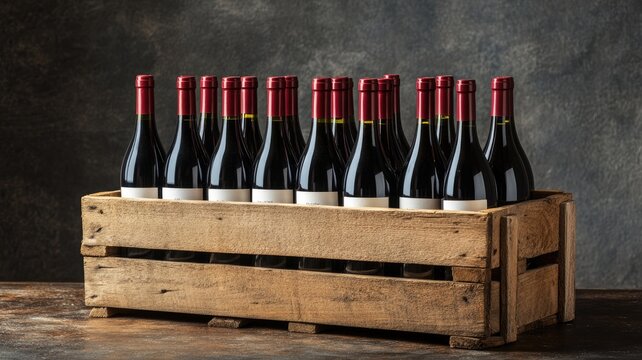 Eleven wine bottles with red caps in rustic wooden crate on dark background