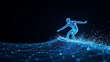 Obraz premium futuristic hologram of a surfer riding a wave of light particles on a dark background. A visual mix of technology and sports.