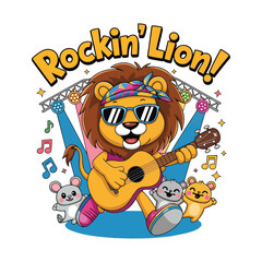 Kids t shirt design with cartoon lion playing guitar on stage with Rockin Lion text above