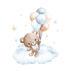 Watercolor Illustration Baby Teddy Bears and Blue Balloons on Cloud