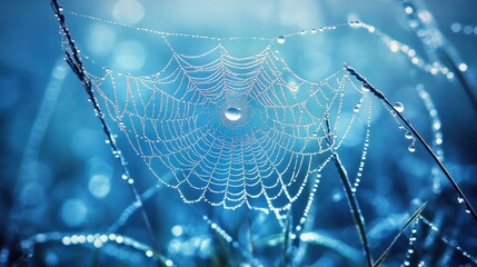 Dew-Covered Spiderweb with a Blue Background