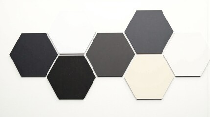Fototapeta premium generative ai, Minimalist honeycomb gradient of seven matte-finished hexagons transitioning from deep black to pure white