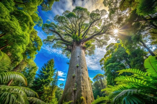 Surrounded by thriving greenery, an impressive giant kauri tree draws tourists to this renowned nature destination, offering breathtaking views and a serene atmosphere for all.