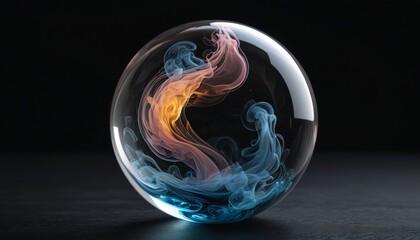 A delicate glass orb containing swirling smoke, captivating in its mystery, set on a dark ebony surface, Generative AI