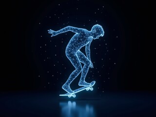 Naklejka premium Blue holographic image of a skateboarder jumping in the air.