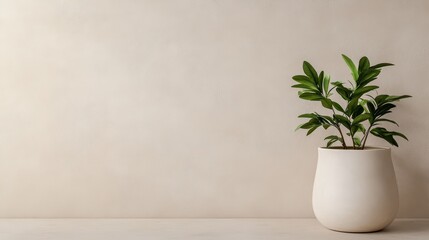 Fototapeta premium A minimalistic indoor plant in a modern white pot against a soft beige wall, perfect for home decor and wellness themes.