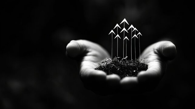 A monochromatic image depicting hands cradling soil with upward arrows, metaphorically representing growth, potential, and sustainability in black and white style.