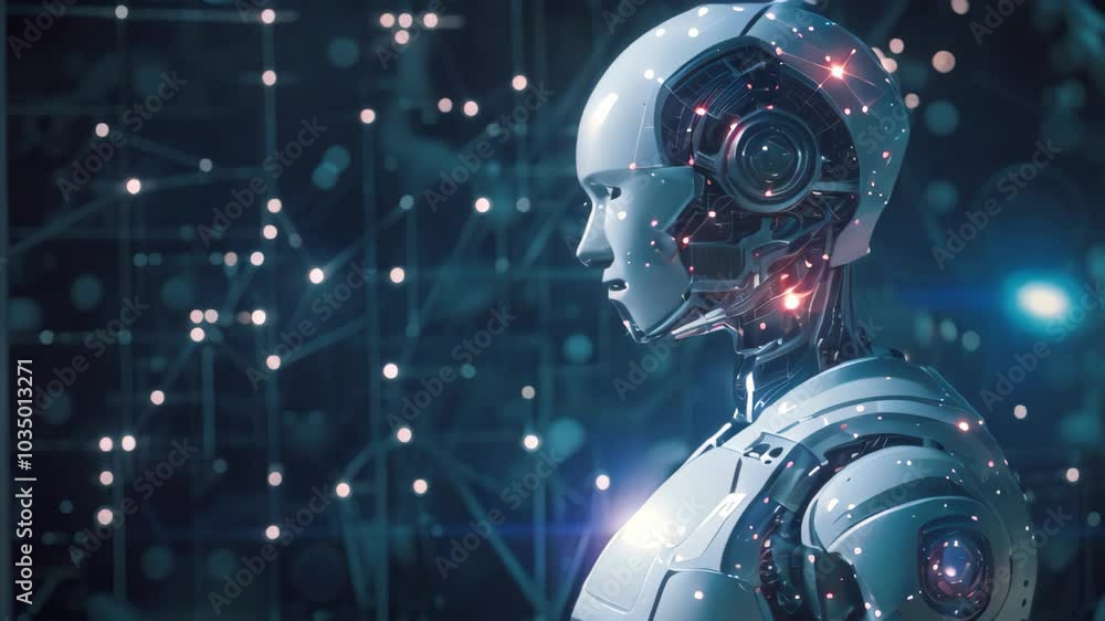 Poster a robot stands illuminated by a backdrop of glowing lights in this captivating video, the integratio