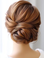 Fototapeta premium Elegant updo in progress by a stylist at a luxurious beauty salon, showcasing sophistication and artistry.