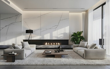 Stylish Modern Living Room with Sleek Marble Walls and Floors, Creating a Luxurious Ambiance