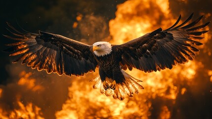 An awe-inspiring bald eagle spreads its wings in front of dramatic flames, exhibiting power and majesty as a symbol of freedom and resilience in an intense backdrop.